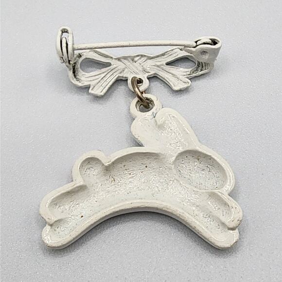 Vintage Enamel Easter Bunny Pin White with Pink Crystal Eye Dangling from Bow - Picture 3 of 4